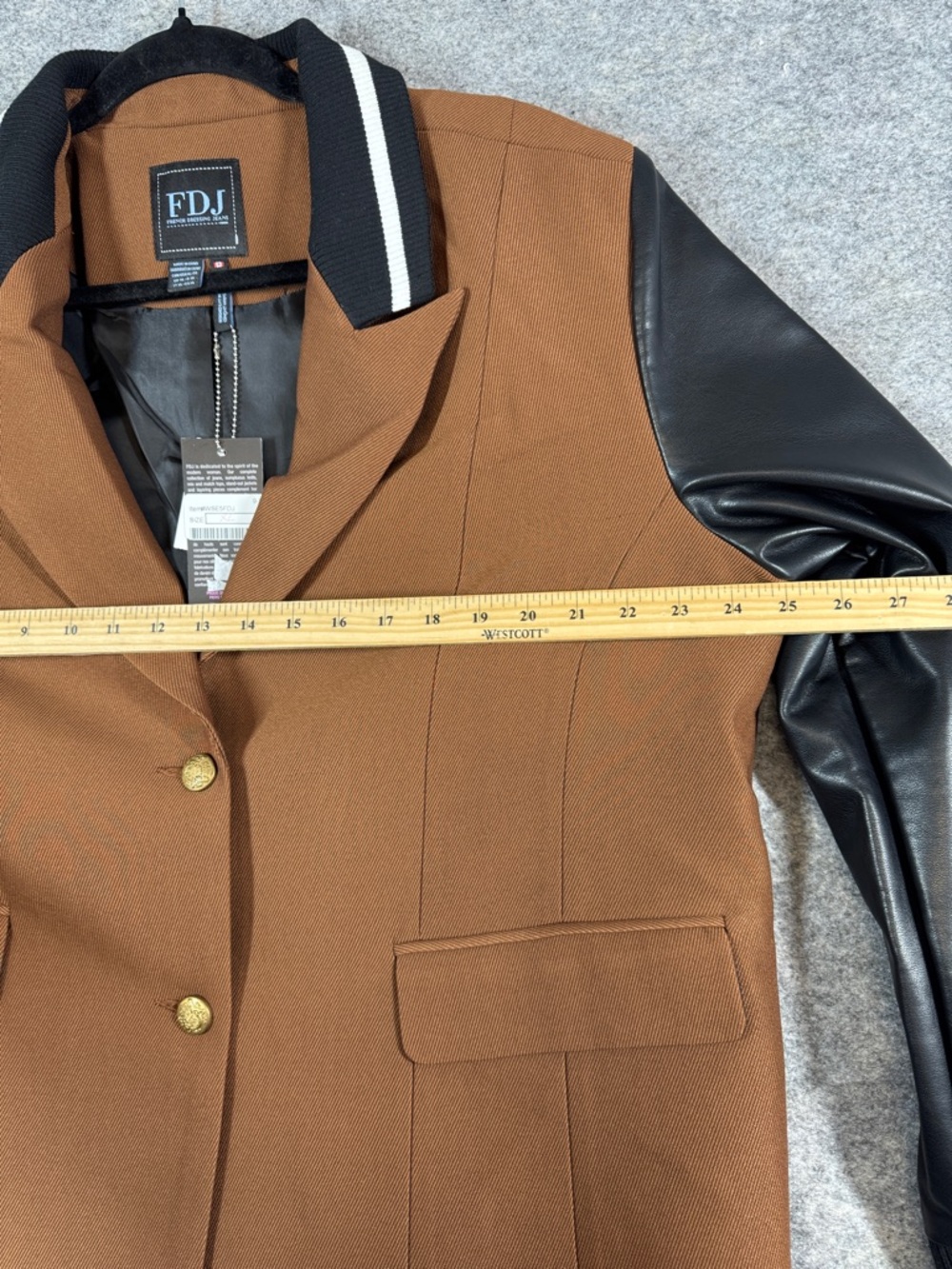 FDJ Brown Wool Blend Varsity Jacket Black Faux Leather Sleeves Preppy Chic XL - Picture 9 of 16
